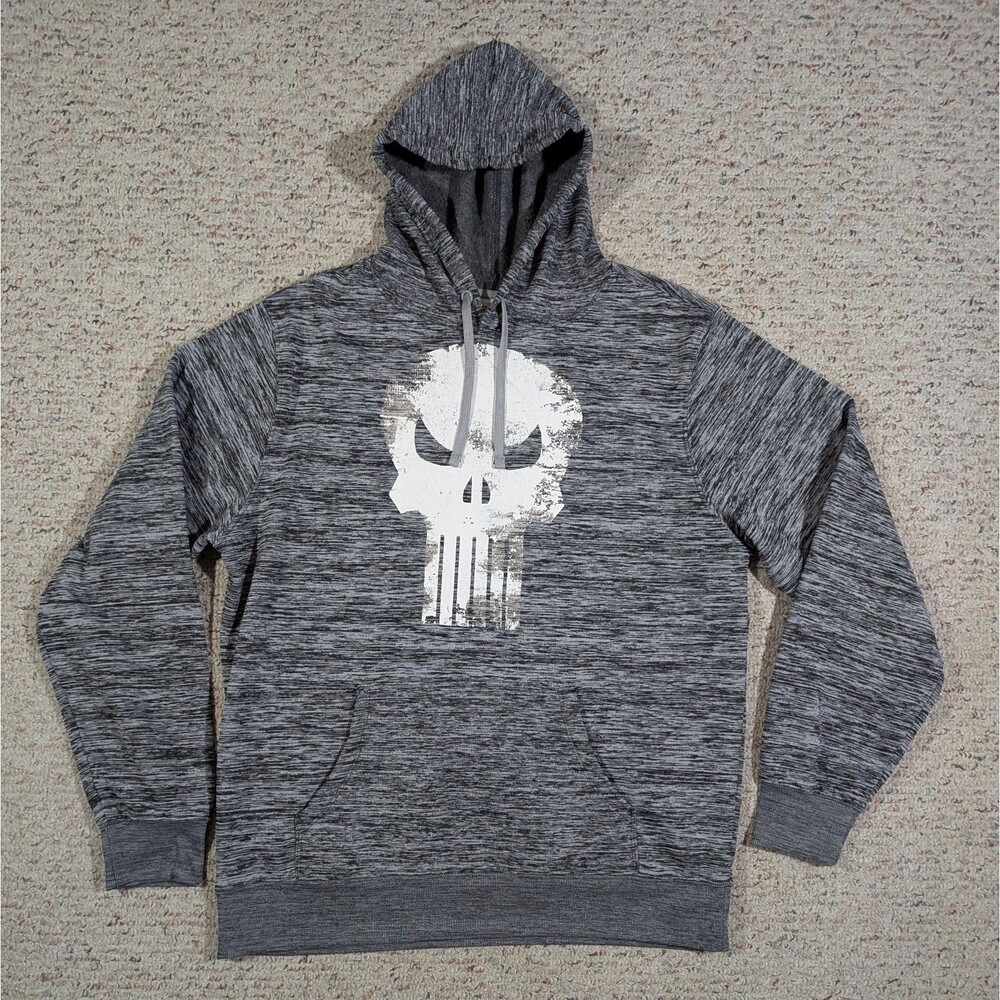 Marvel Punisher Skull Hoodie Mens XL Heather Gray Pullover Sweatshirt Kangaroo
